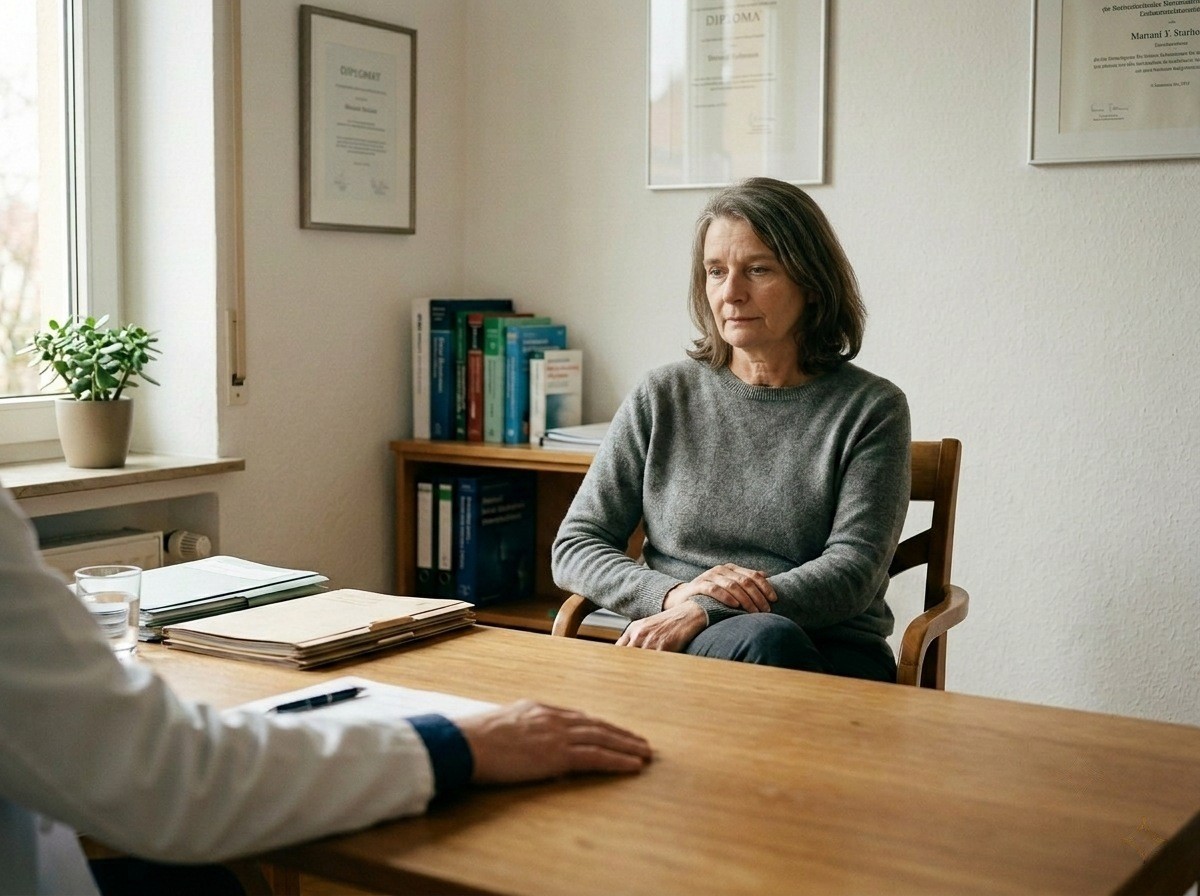 A patient in a consultation room, calm and supported by their physician