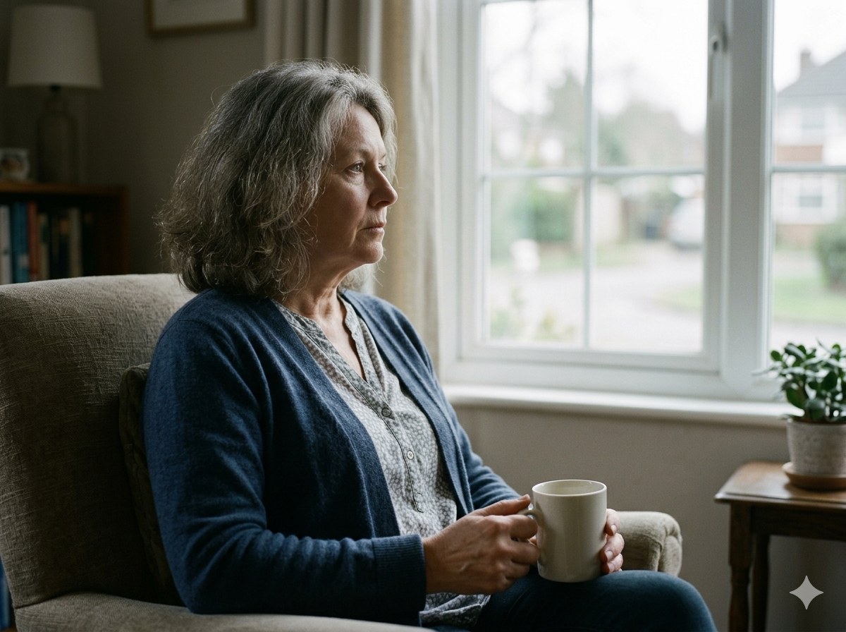 A woman sitting by a window at home, looking out thoughtfully after cancer treatment