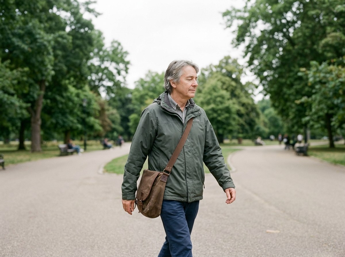A patient walking in a park after treatment, moving forward