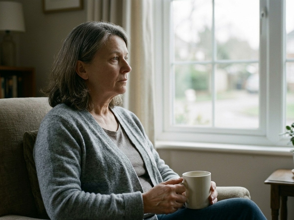 A woman sitting by a window at home, looking out thoughtfully after cancer treatment